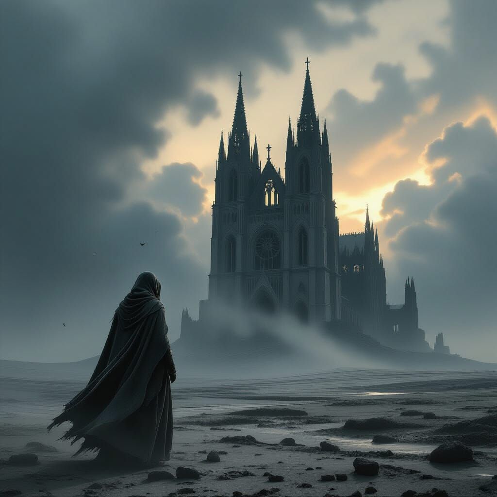 Woman Gazes at Ancient Cathedral Ruins in Stormy Twilight