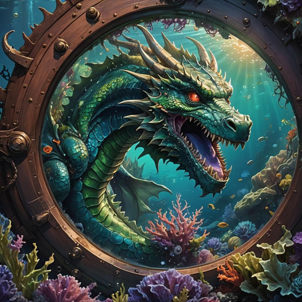 Underwater Dragon in Sunlit Shipwreck: Fantasy Art