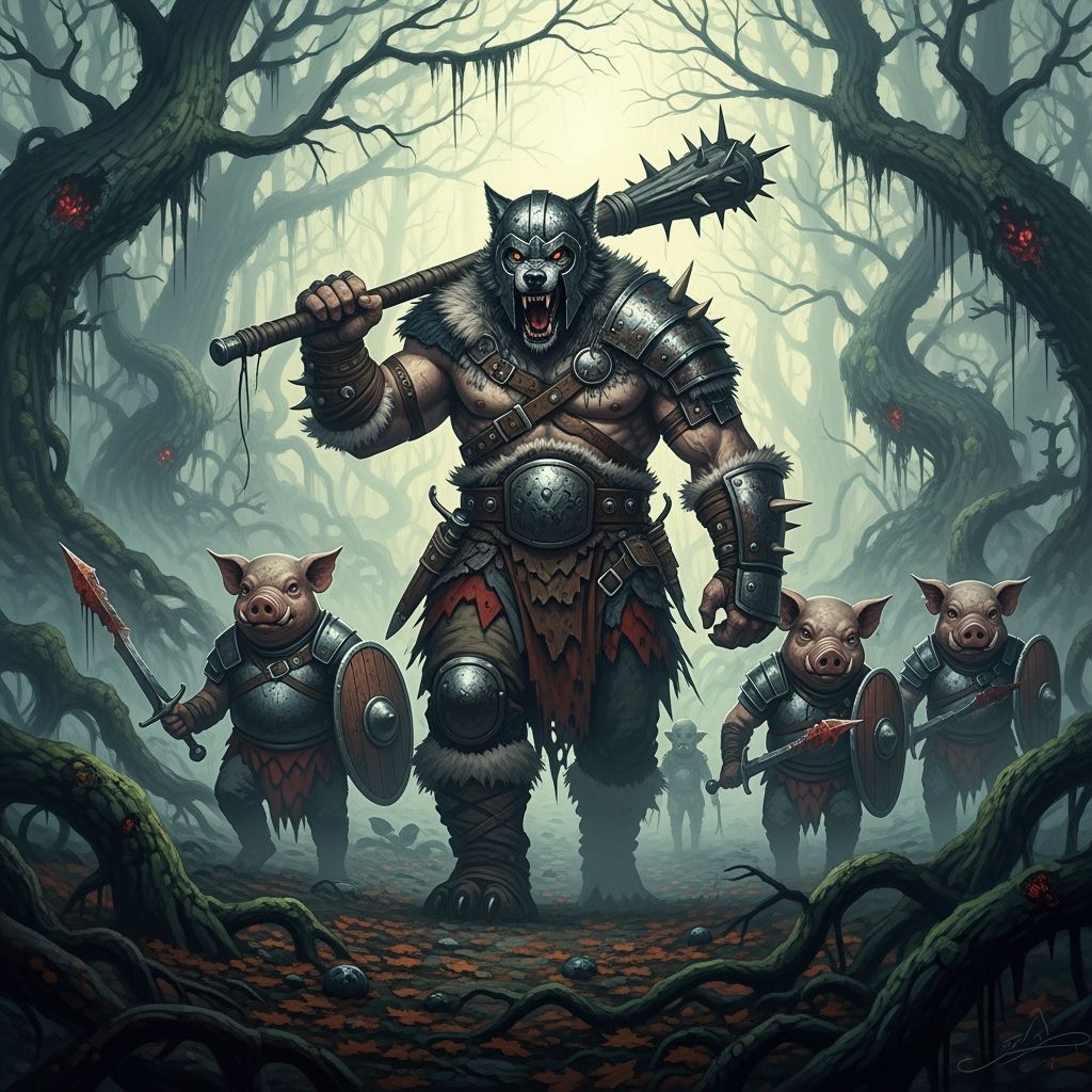 Wolf-Headed Barbarian Leads Pig Soldiers Through Dark Forest