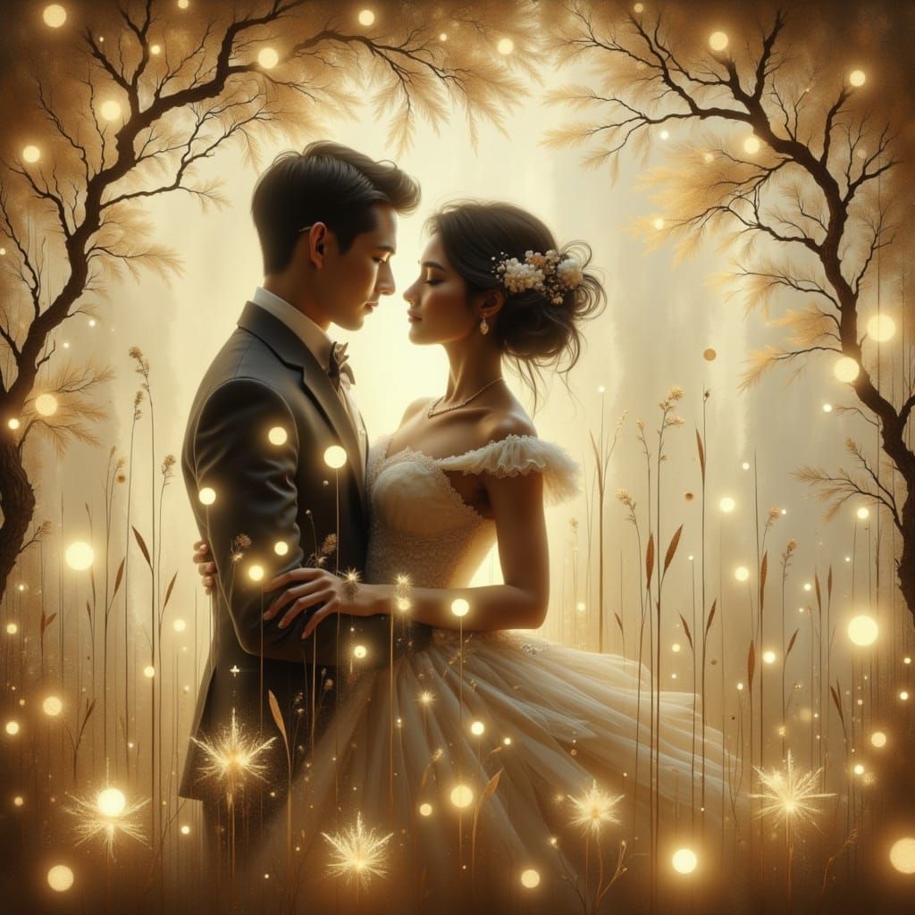 Ethereal Couple in Whimsical Silhouettes, Softly Illuminated