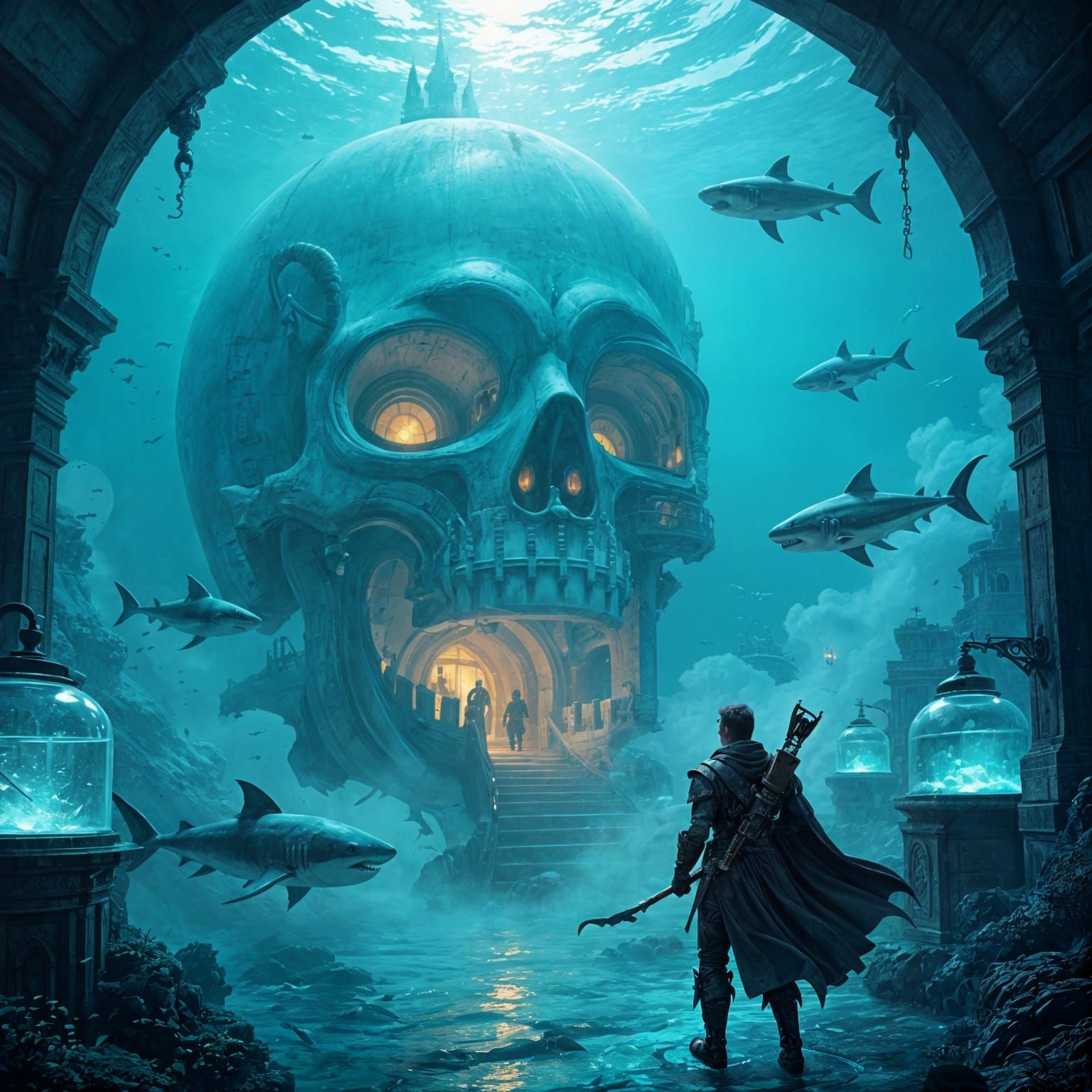 Underwater Skull Fortress Guarded by Robots