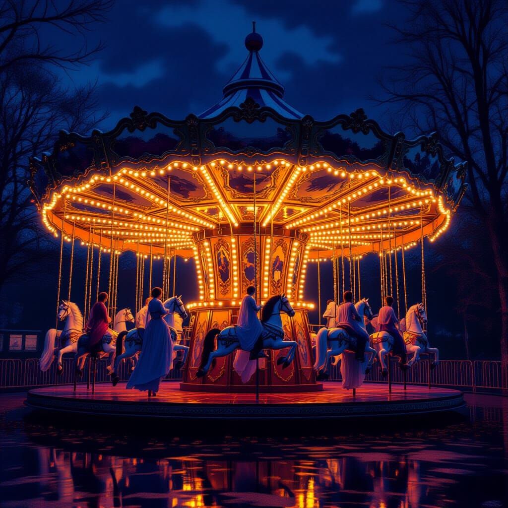 Ghostly Carousel on October Night in Dark Fantasy Style