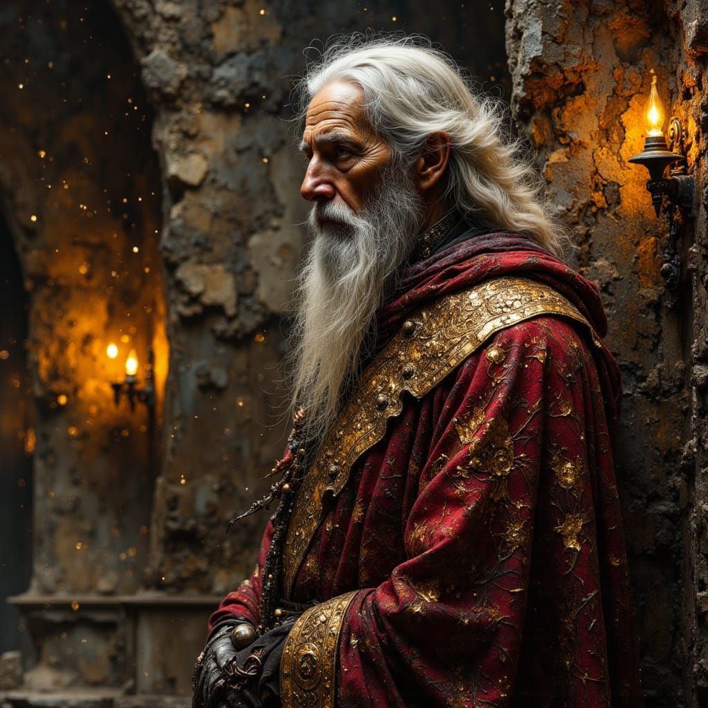 Old Wizard in Gothic Hall, Cinematic Fantasy Art