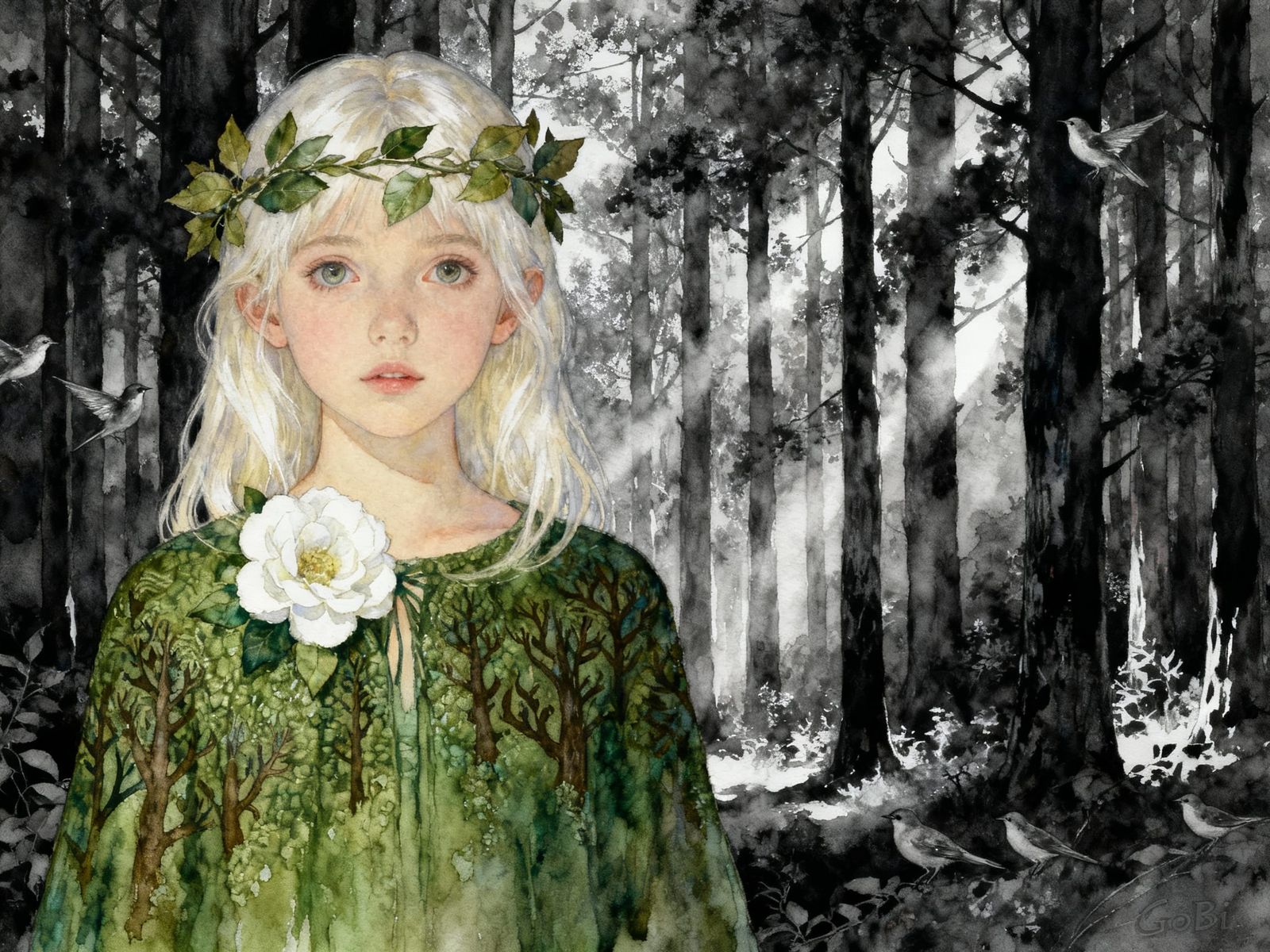 Ethereal Girl in Forest Glade, Dreamlike Oil Painting