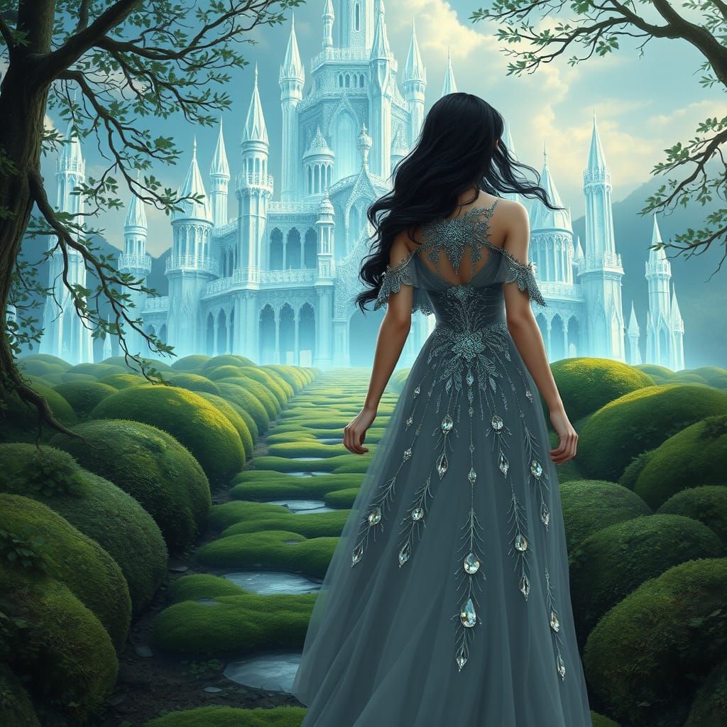 Elegant Woman Walking Towards Crystal Palace in Whimsical Ar...