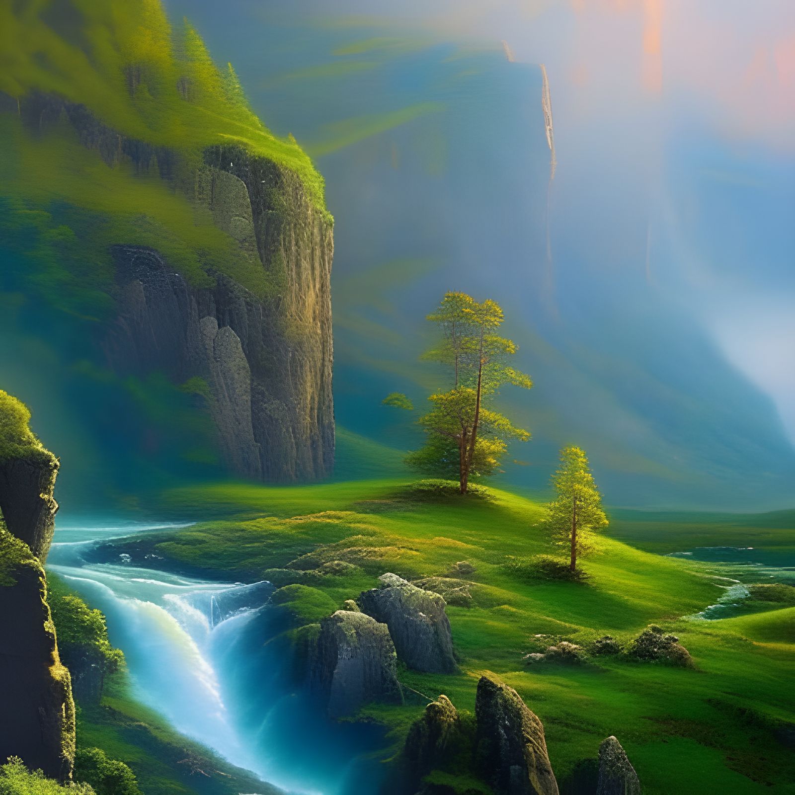 Ethereal Green Mountain Landscape in Fantasy Style