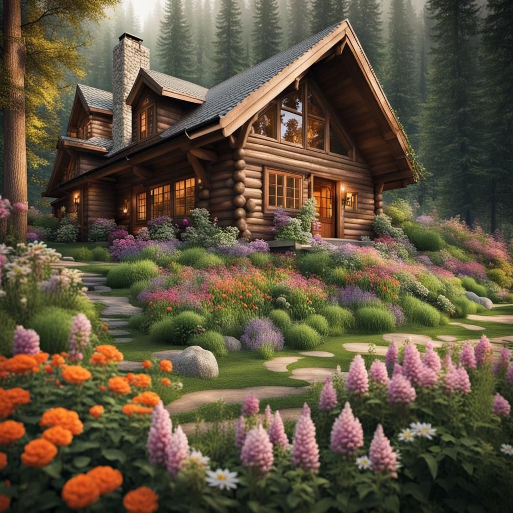 Dream Cabin in the Woods with Flowers