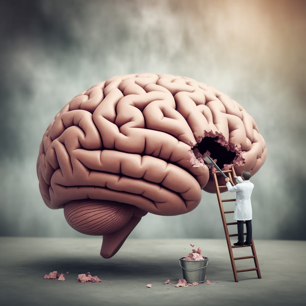 A Surreal Brain Anatomy Scene with a Doctor Digging Out Tiss...