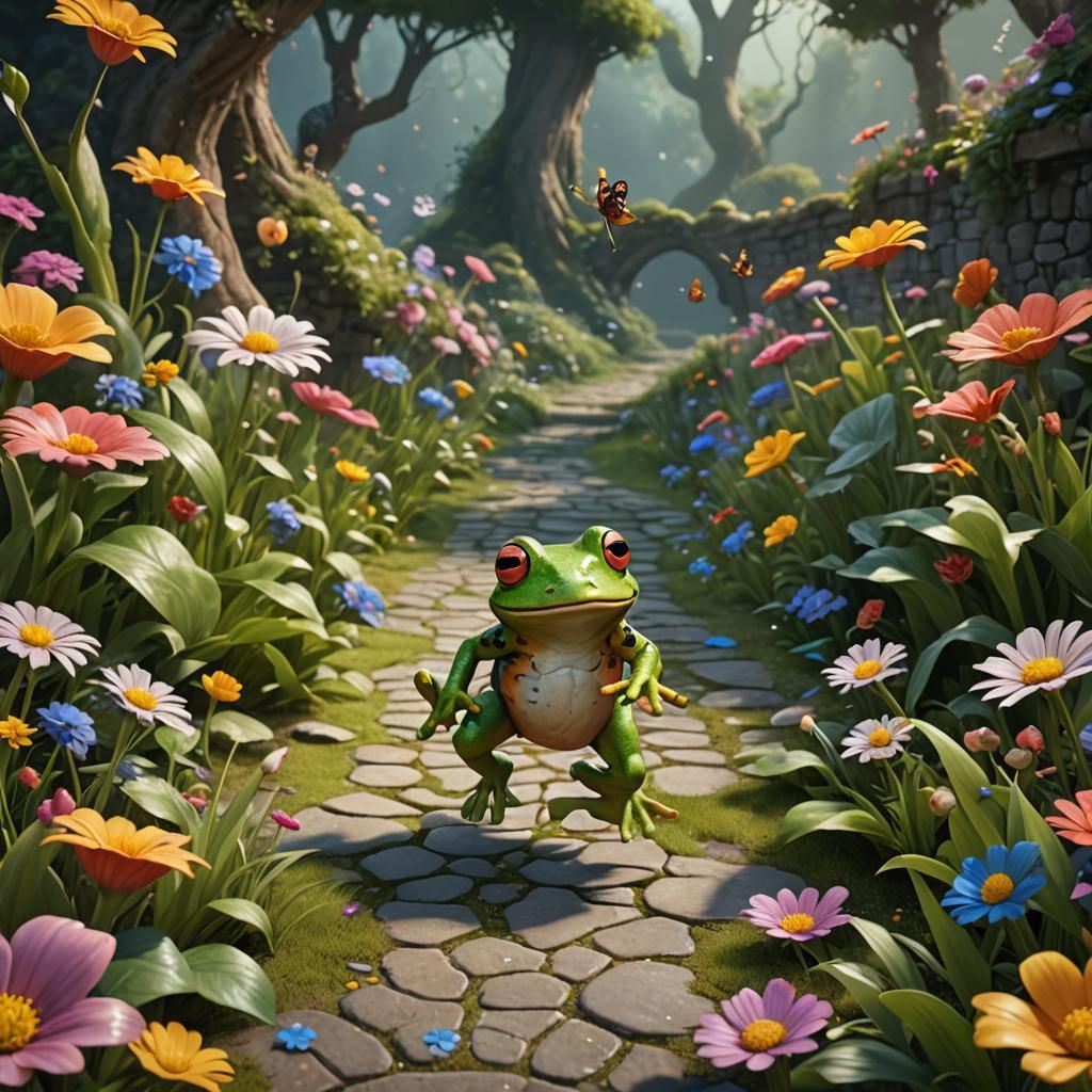 Happy Frog Skipping on Flower Path: Fantasy Art