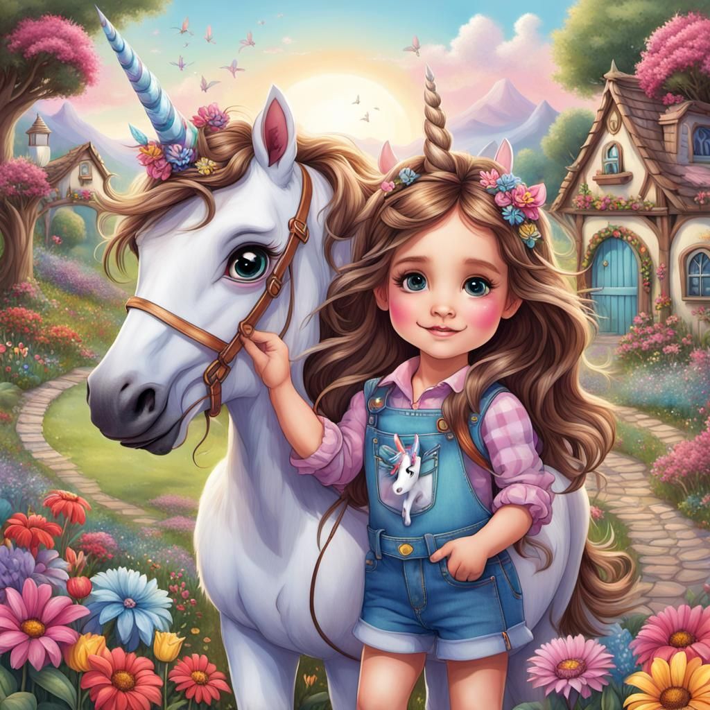 Girl with Unicorn in Fantasy Flower Garden as Chalk Art
