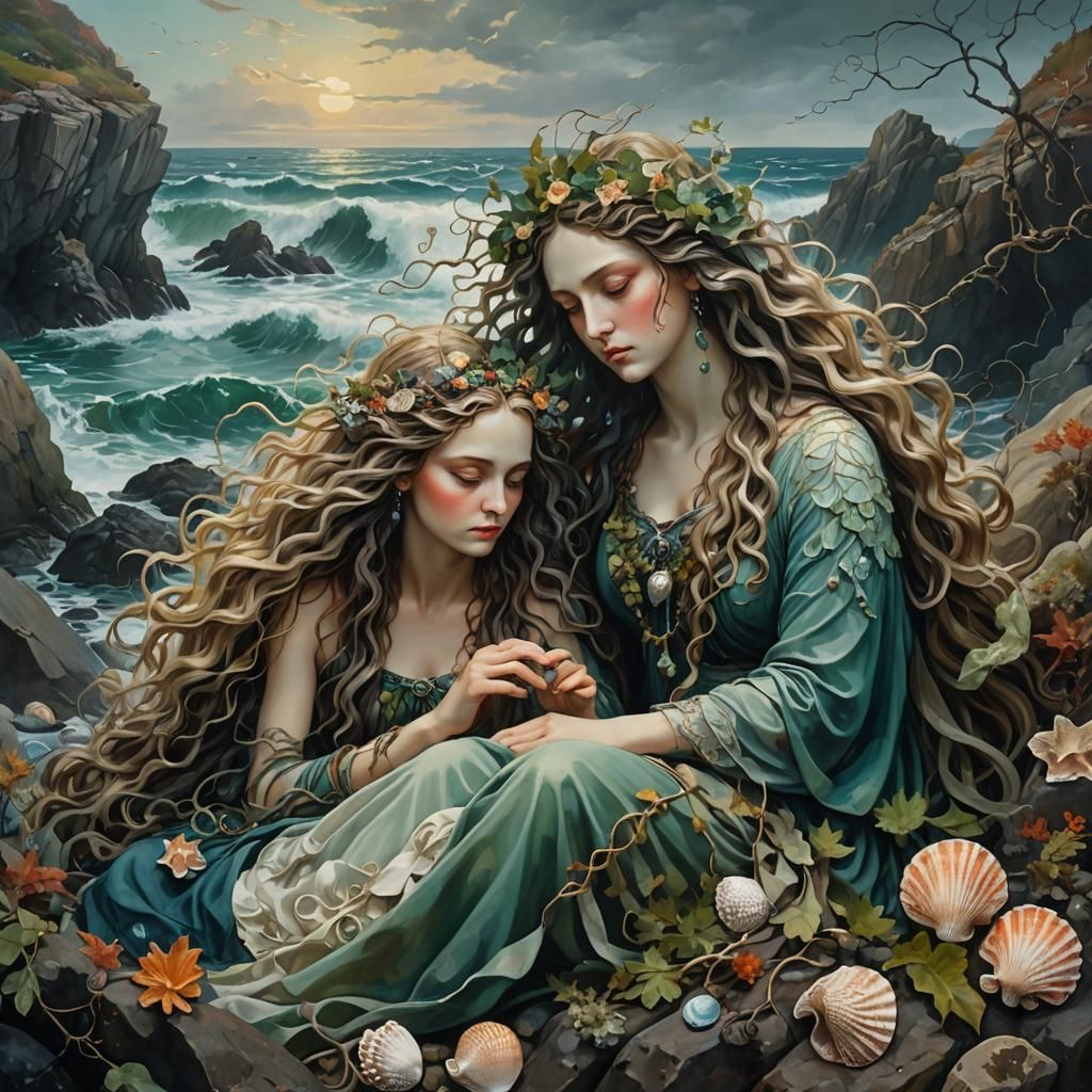 Surrealist Goddesses on Rocky Shoreline