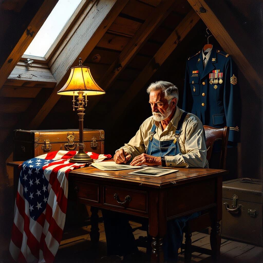 Old Man at Desk in Attic with Brass Lamp