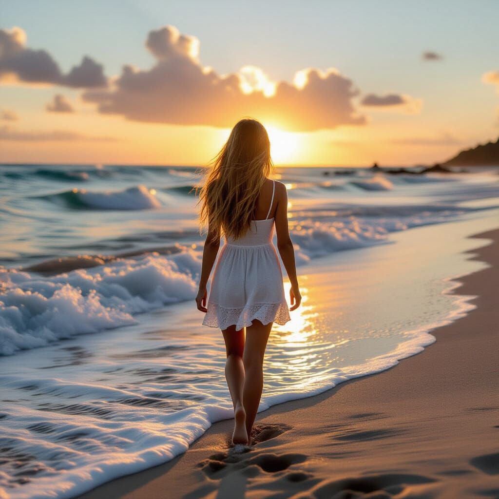 Girl in White Dress Walks on Beach at Sunset