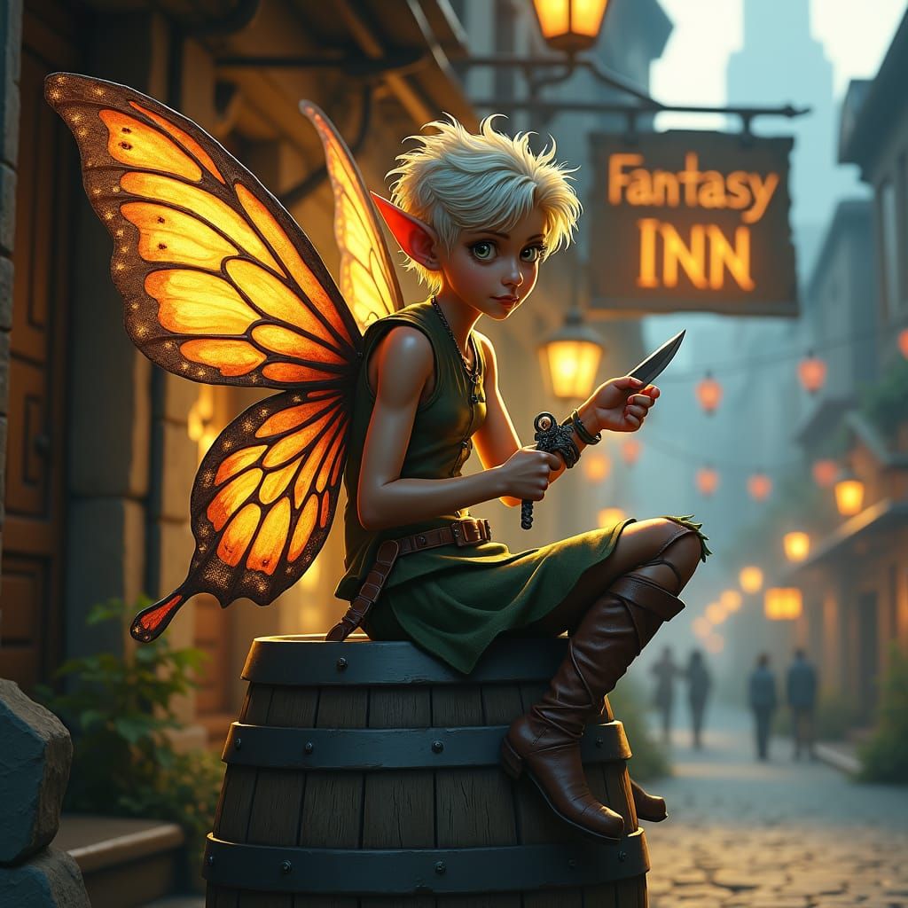 Pixie Rogue Outside Fantasy Inn, Whimsical Illustration