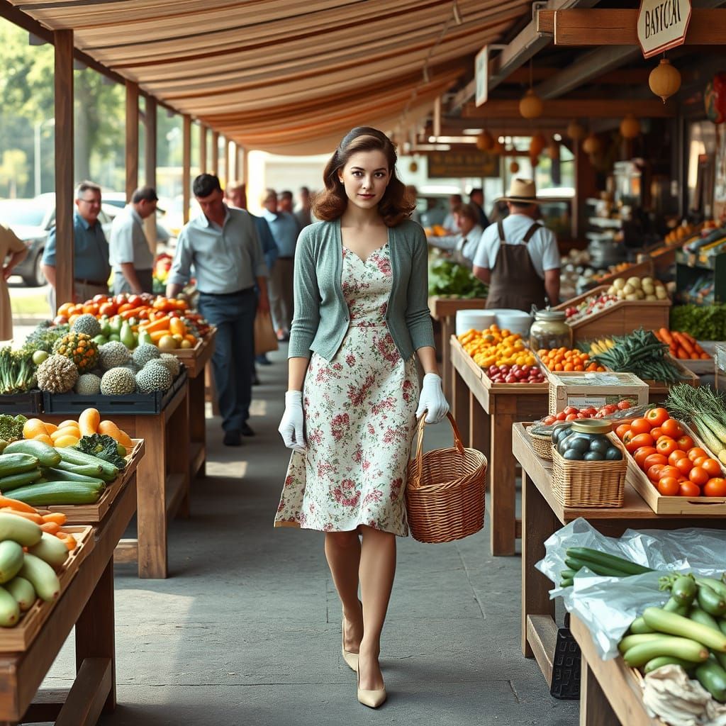 1950s Housewife at Bustling Farmers Market