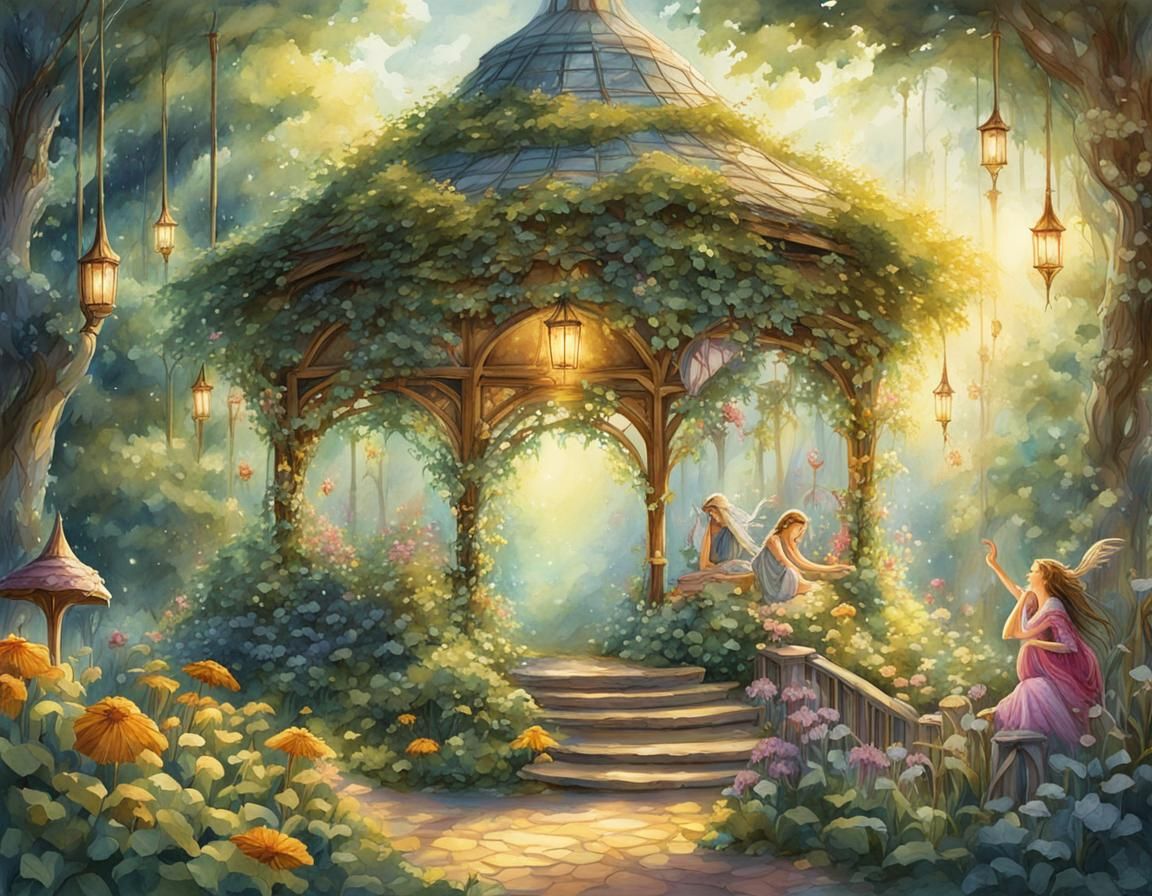 Elves and Fairies in Summer Gazebo: Fantasy Art