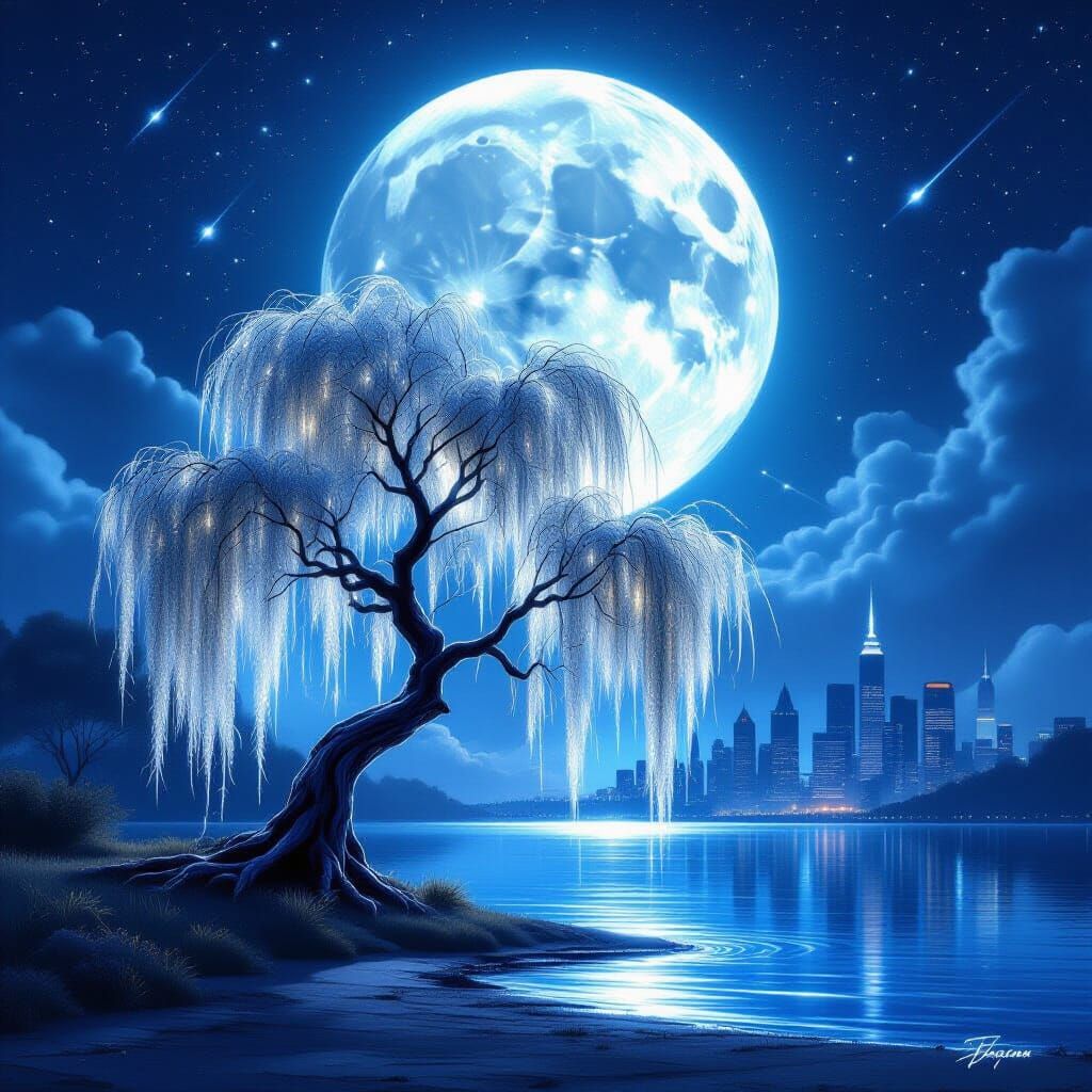 Mystical Willow Tree by Starlit Lake
