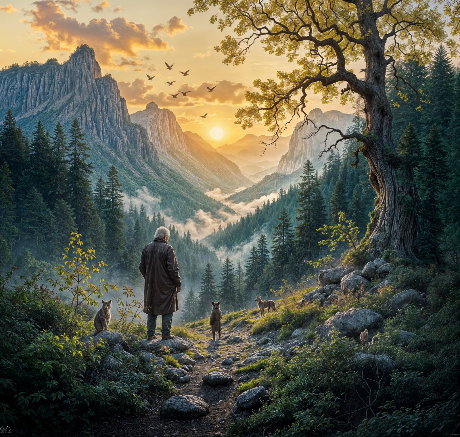 Old Man in Ancient Forest at Sunset