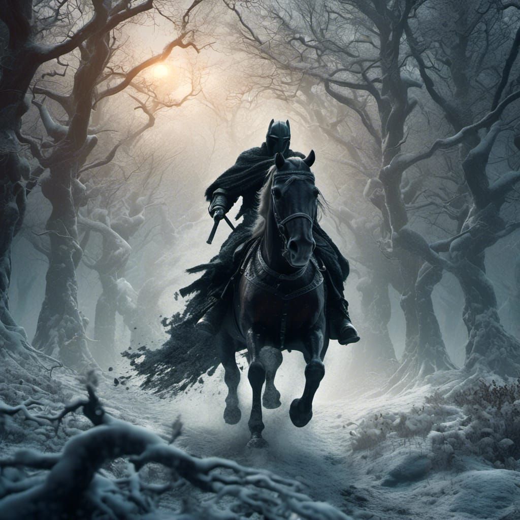 Headless Horseman Chase in Snowy Woods, 3D Render