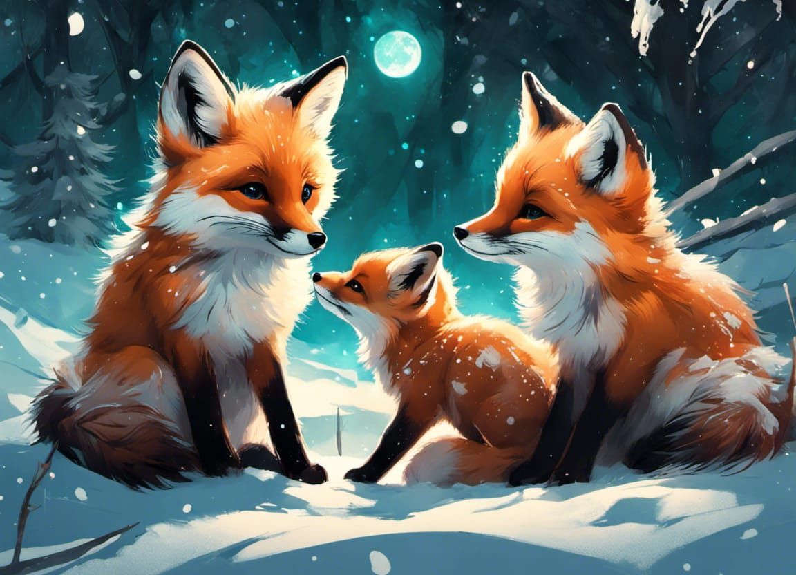 Chibi Foxes in Bioluminescent Frozen Forest