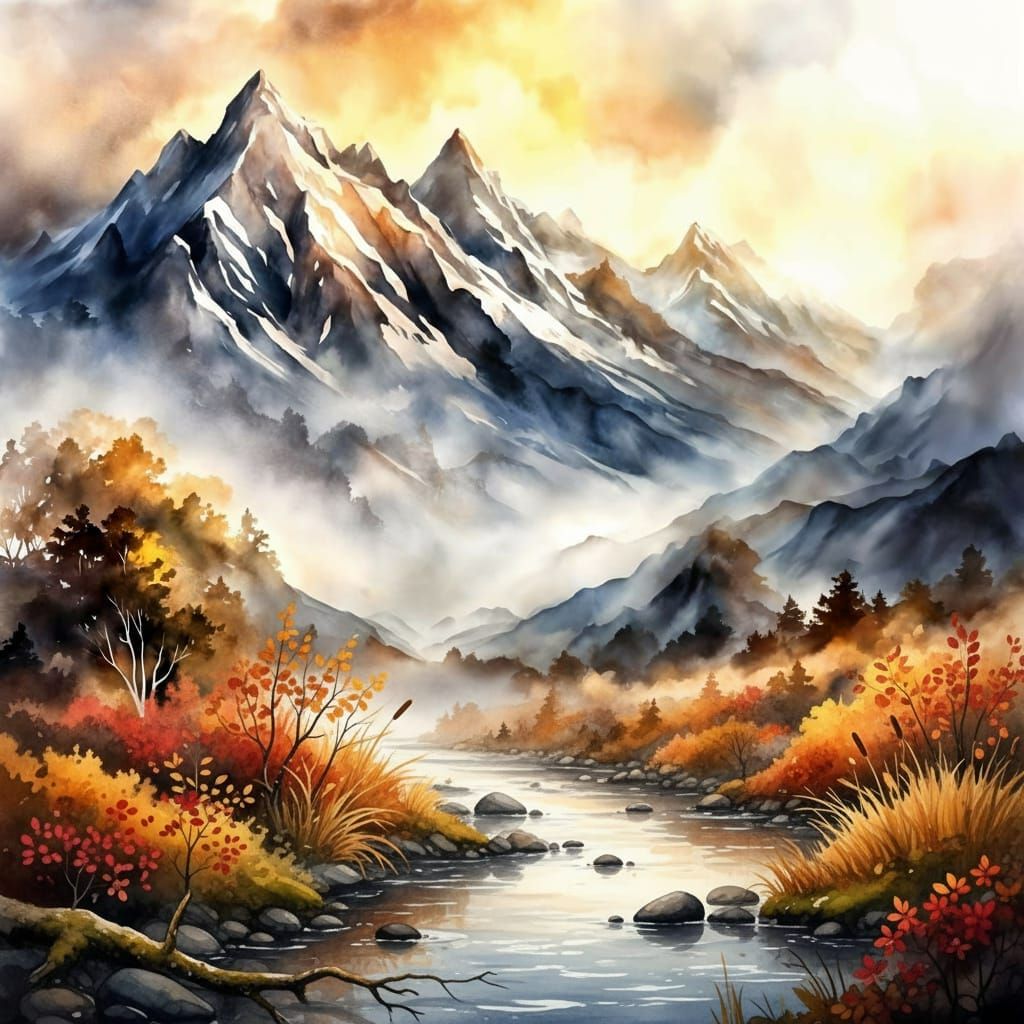 Stunning Watercolour Painting of Misty Mountains
