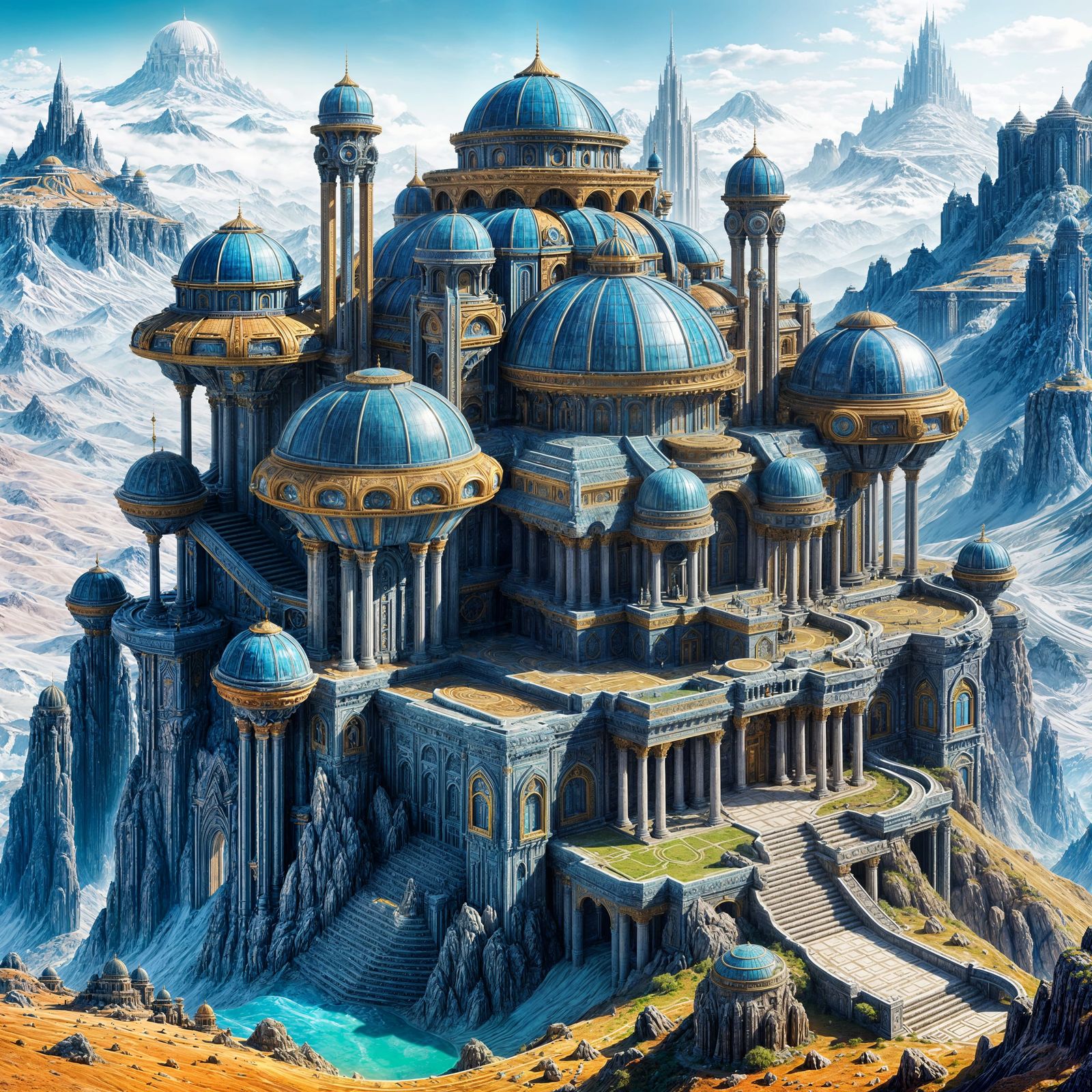 Colorful Sci-Fi Palace on Mountaintop in 3D