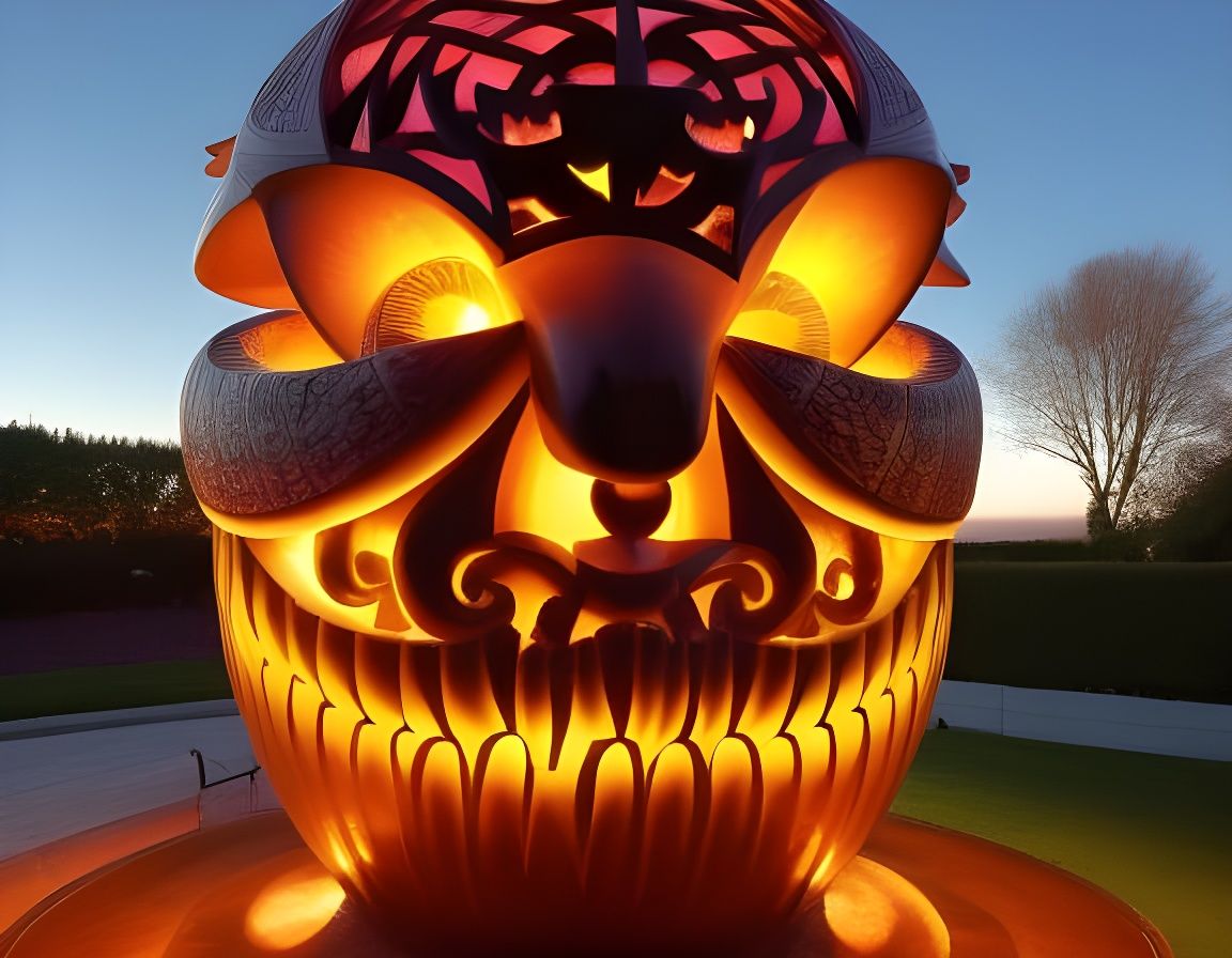 Eerie Jack-o'-Lantern Fountain in Maori Mask Style