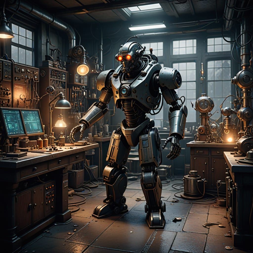 Evil Scientist and Robot in 1930s Lab