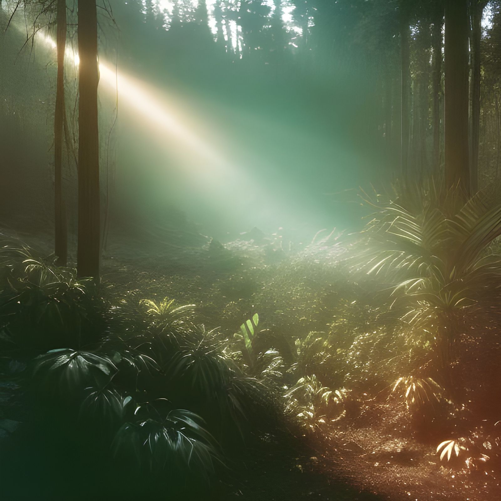 Sunlit Sinkhole with Giant Ferns: Analog Photography Style