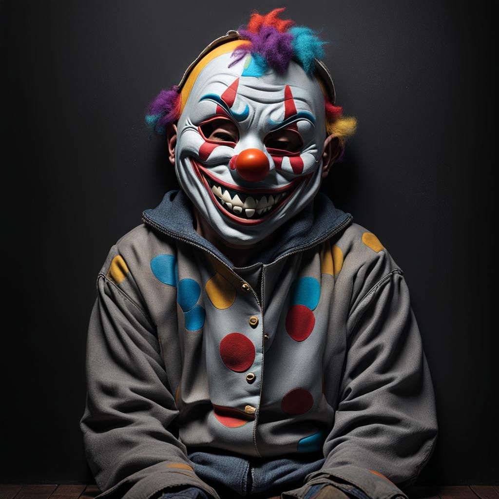 Orphan Child in Clown Mask: Hyperrealistic Concept Art