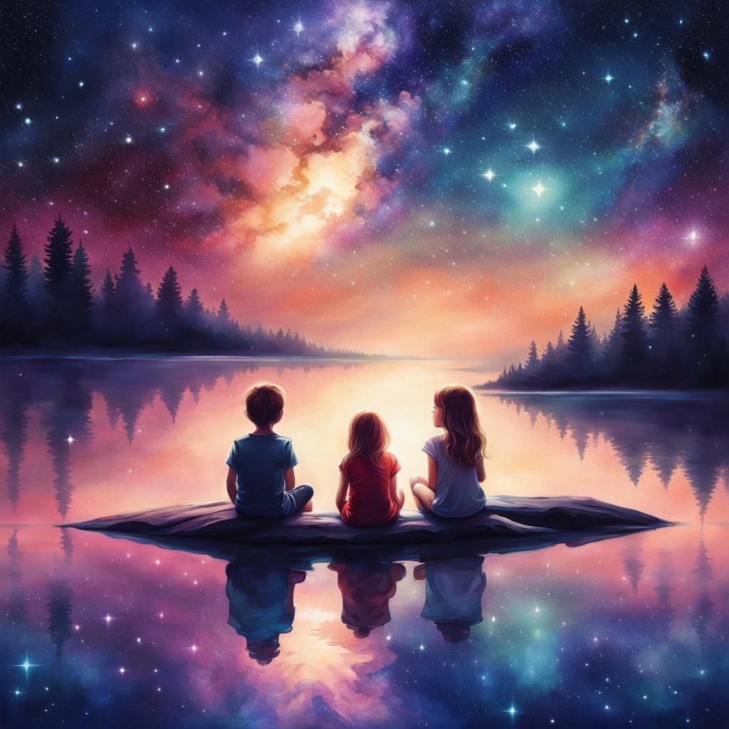 Children Watch Twinkling Stars Reflected in Lake