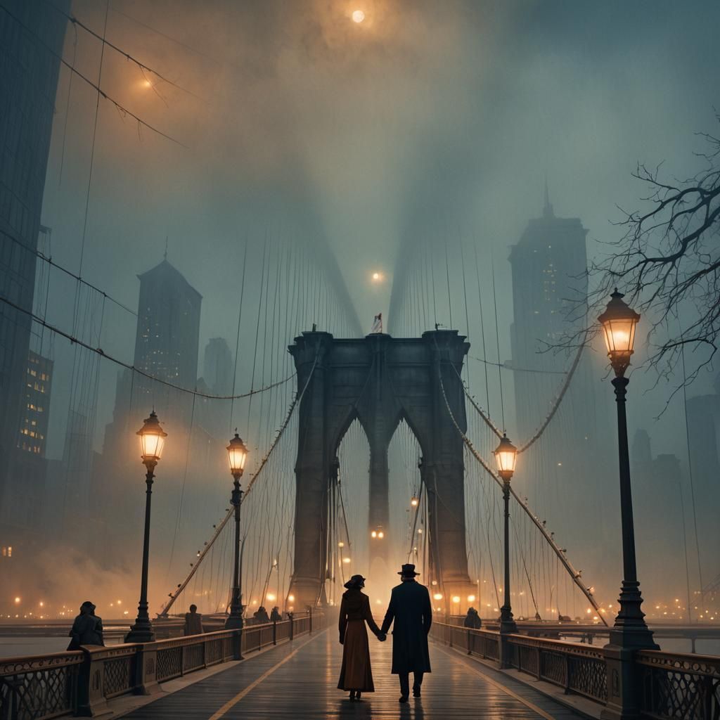 Brooklyn Bridge Couple in Dreamy Nocturne Painting