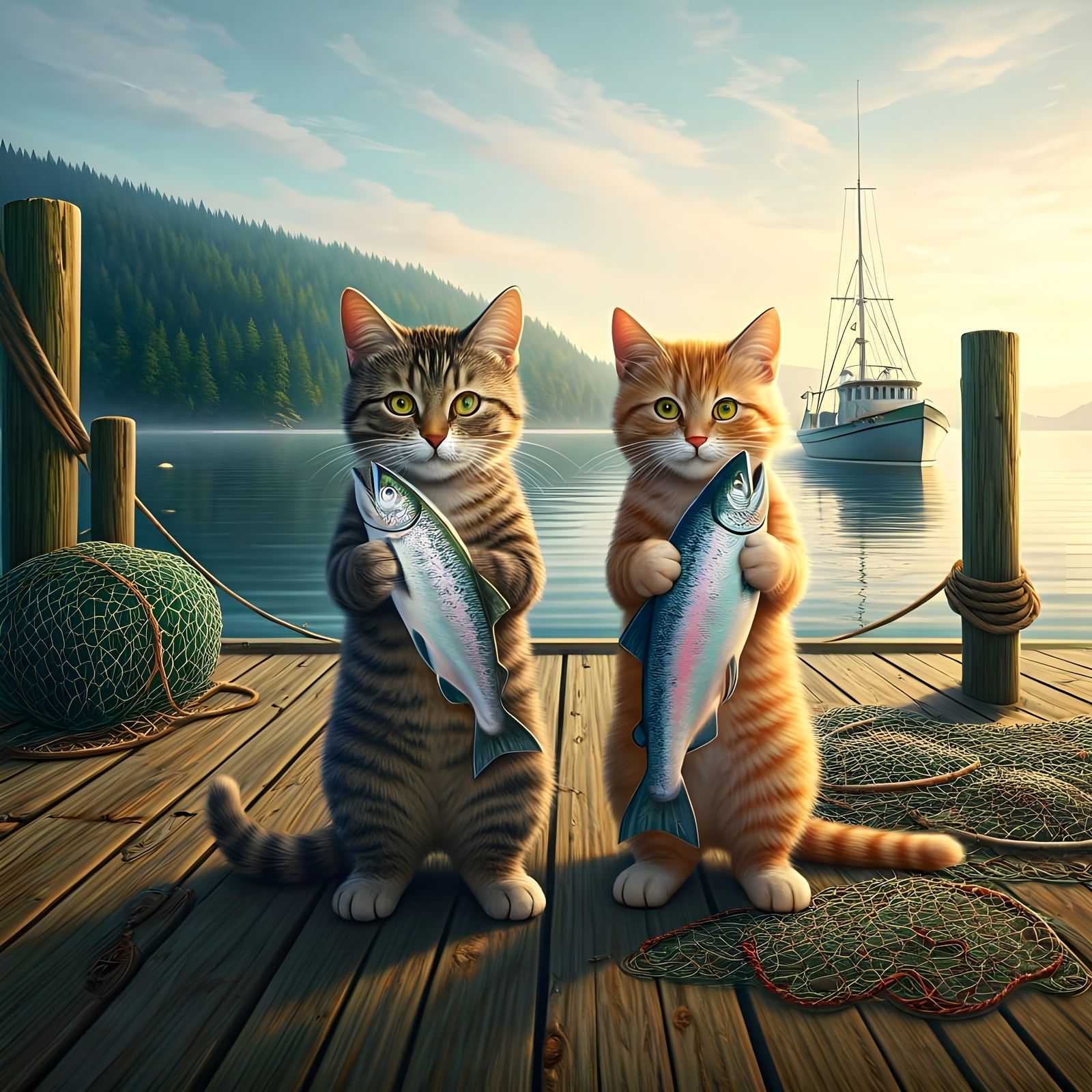 Cats' Salmon Haul in Detailed Fantasy Style