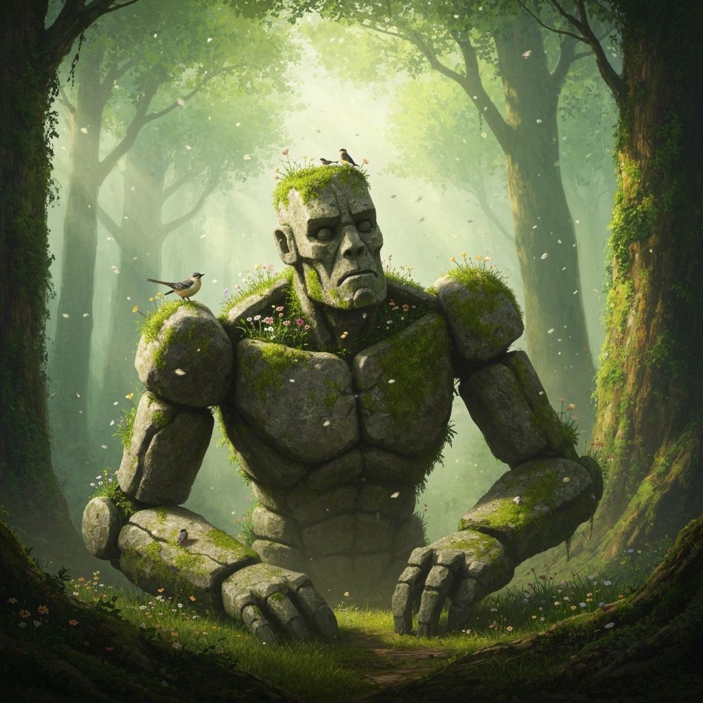 Stone Golem Awakens in Blooming Forest
