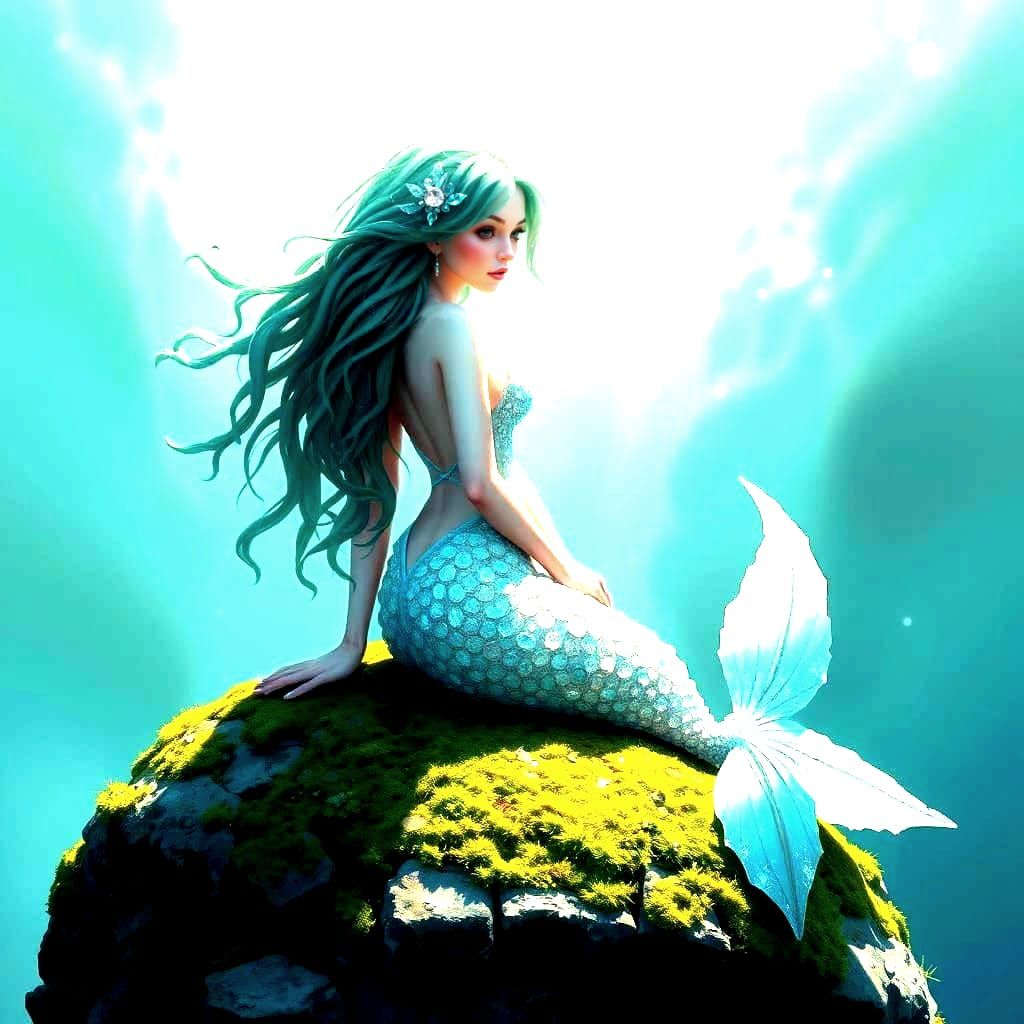 Crystal Mermaid on Rock: Digital Art