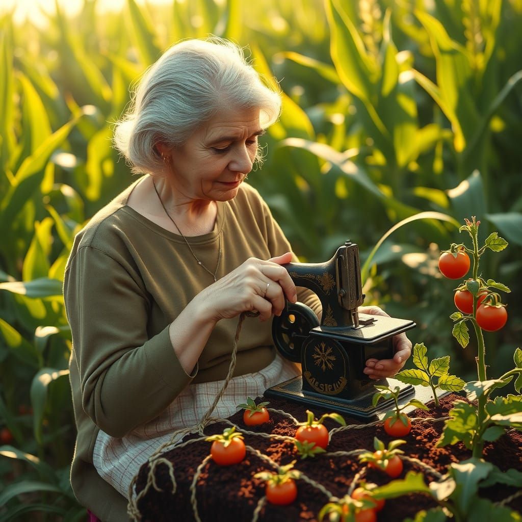Woman Knits Garden on Sewing Machine in Folk Art Style