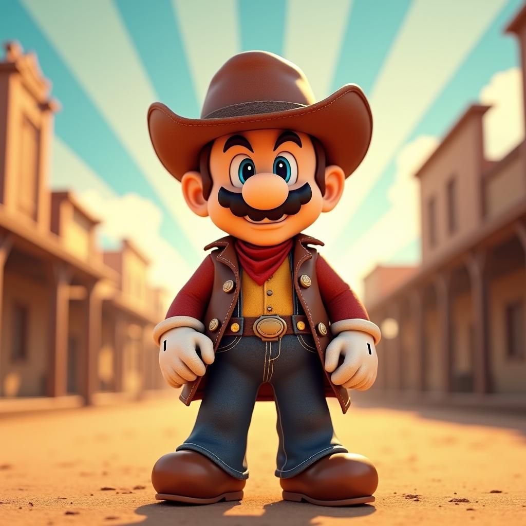 Mario as Cowboy in Western Town, Pixar Style