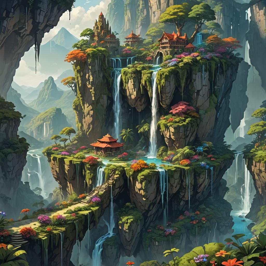Lush Floating Island Mountain in Fantasy Art Style
