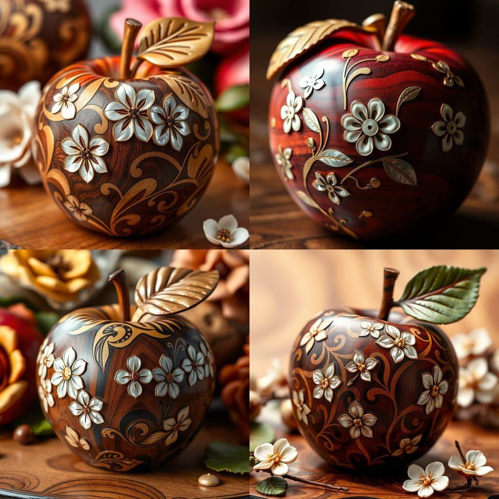 Luxurious Wooden Apple Masterpiece in Vibrant Wood Inlay Art