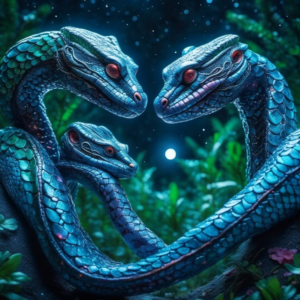 Hooded Cobras Forming Heart Shape Under Moonlight