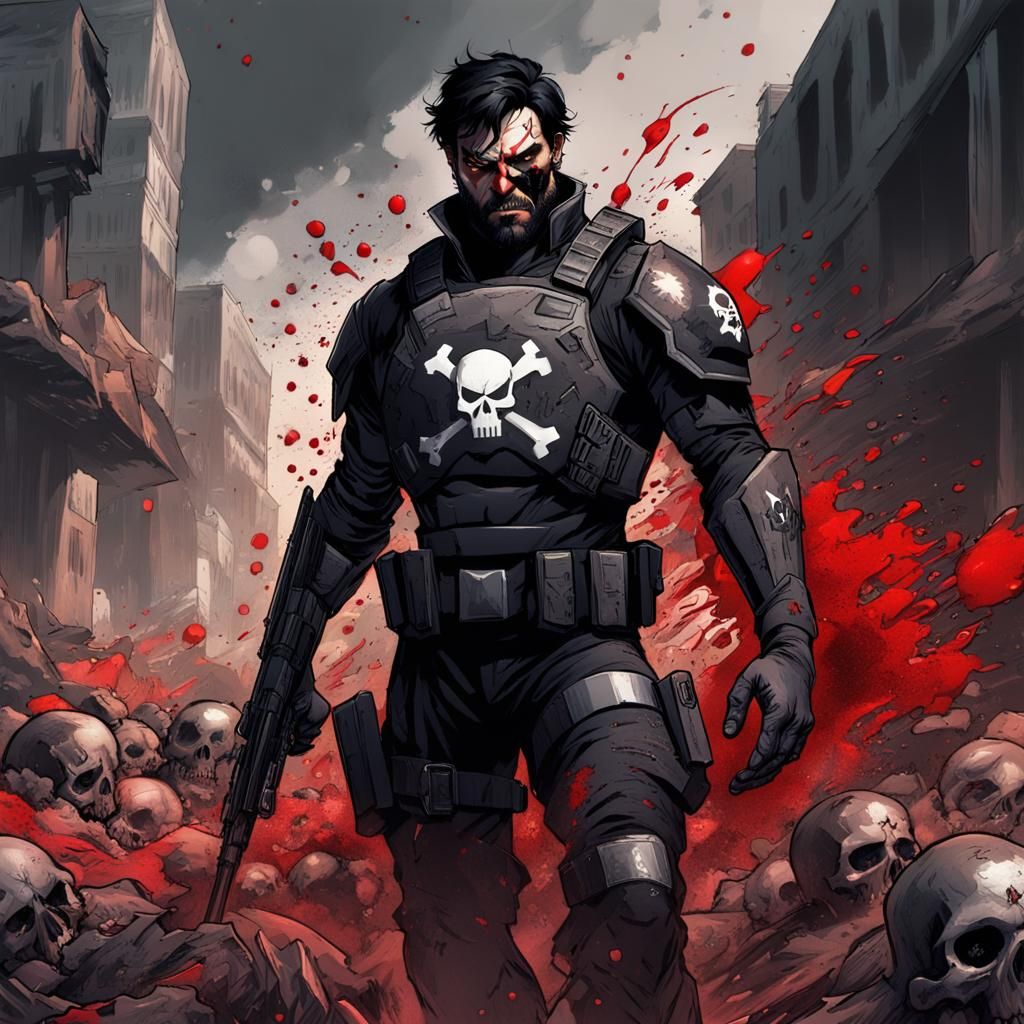 Evil Superhero in Ruined City During Twilight Storm