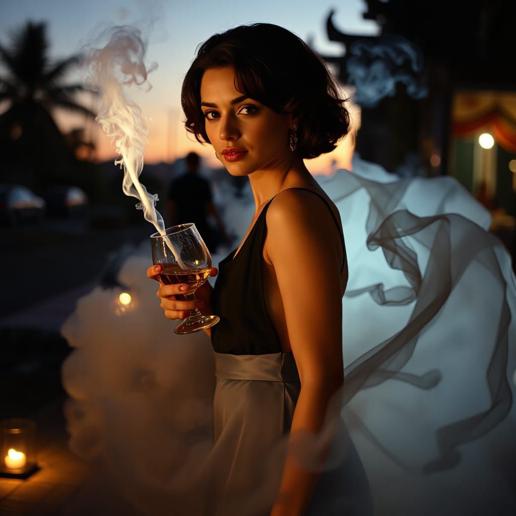 Dramatic Film Still of Woman in Smoke, Sunset