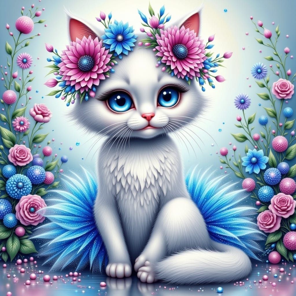 White Kitty in Blue Tutu with Sunflowers and Glitter