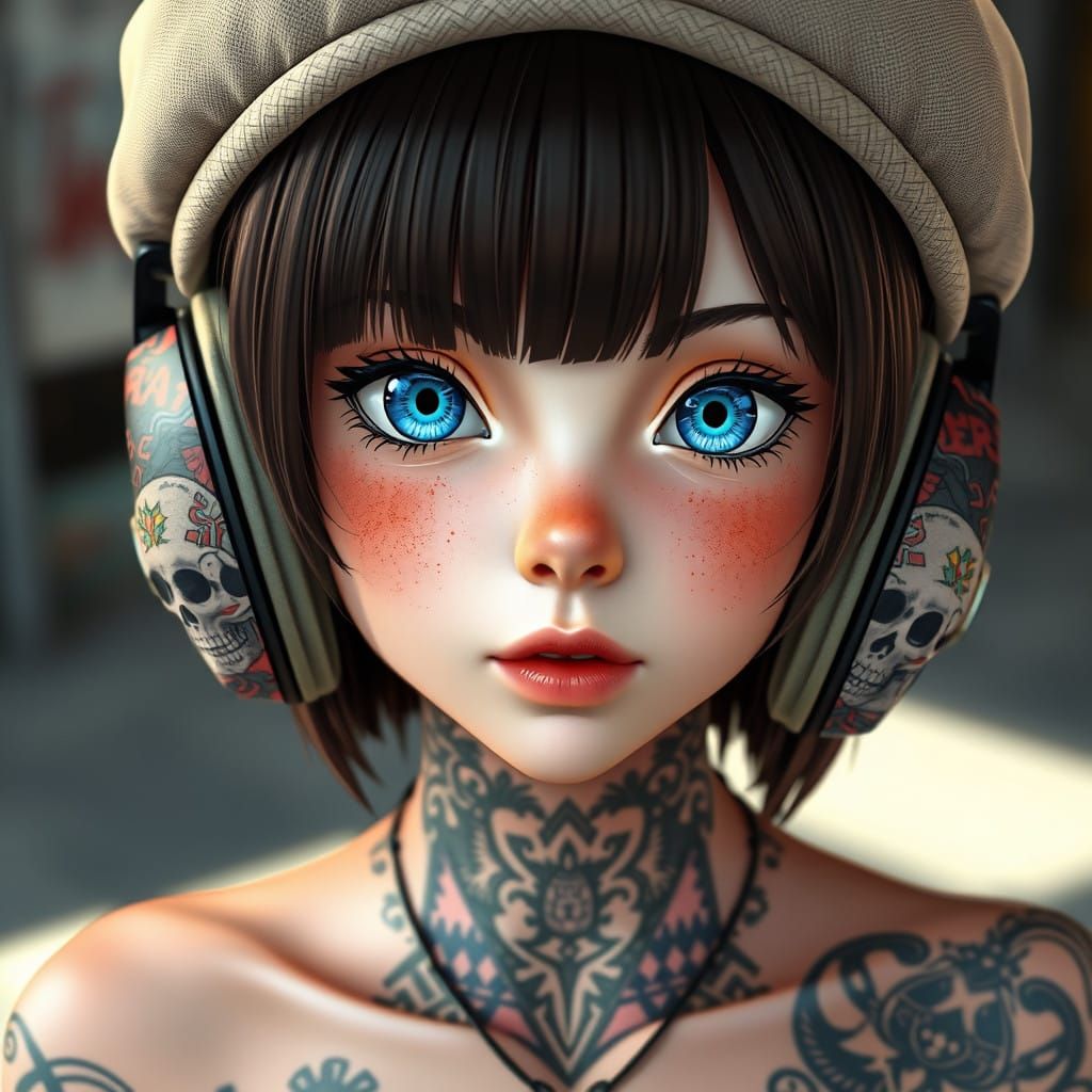 Girl with Delicate Features and Intricate Tattoos in Modern...