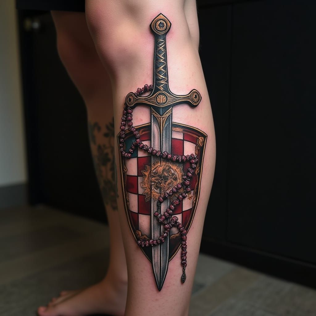 Tattoo Design Featuring Sword, Shield and Rosary