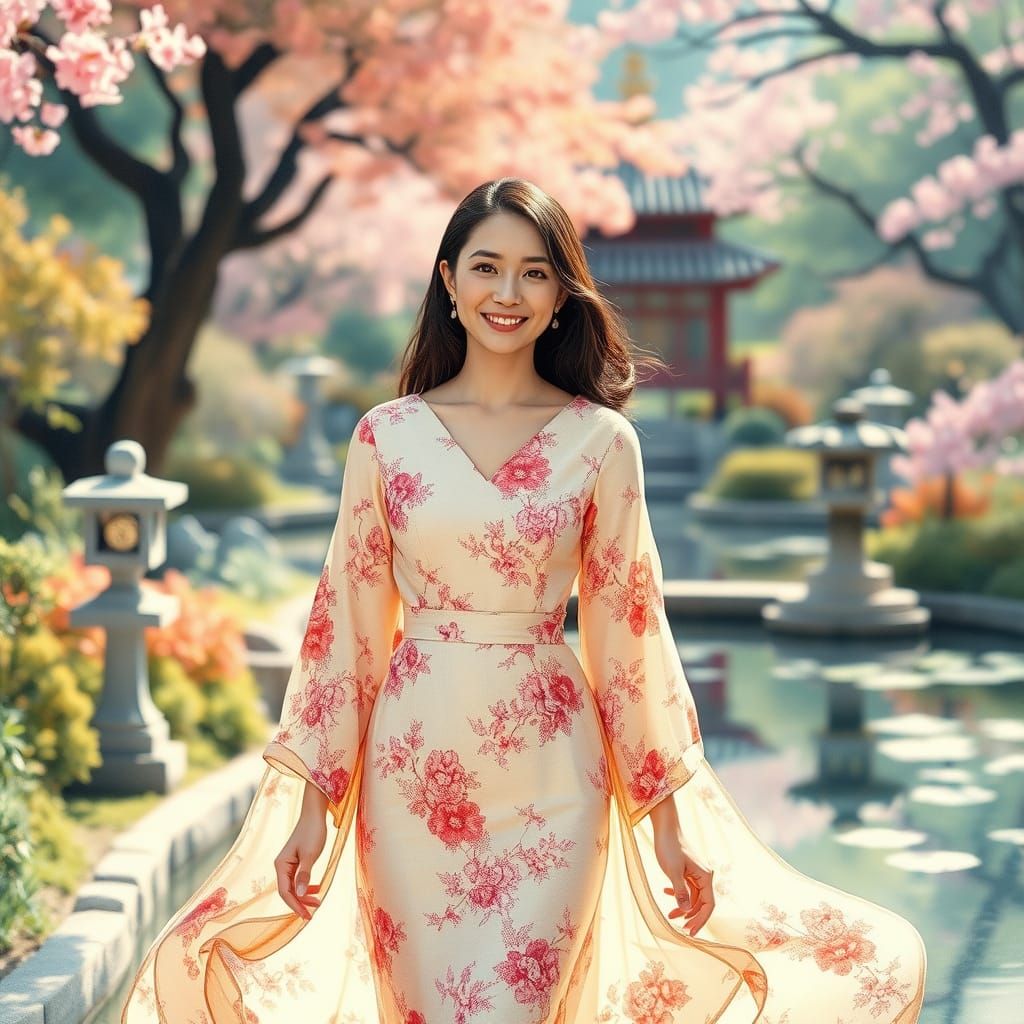 Elegant Woman Strolls through a Whimsical Japanese Garden