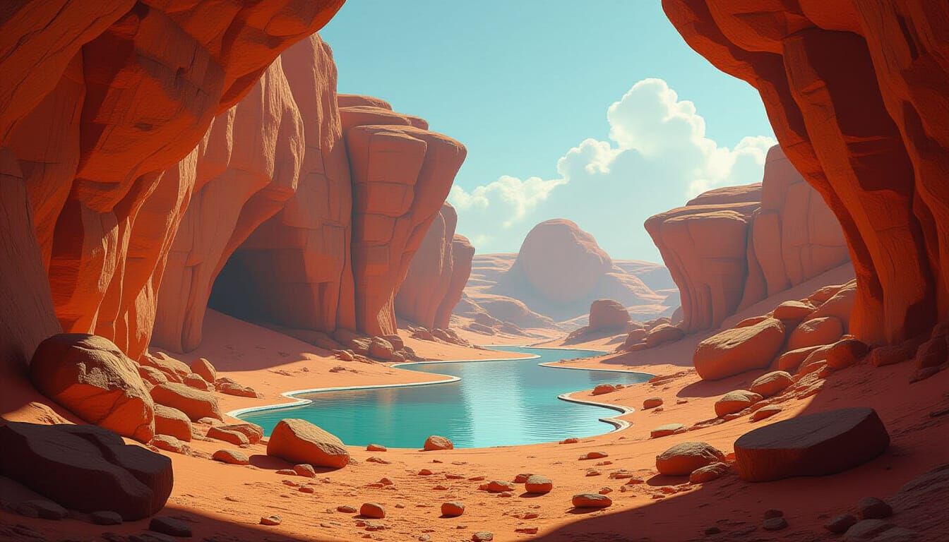 Alien Cave with Terracotta Terrain in 3D Style