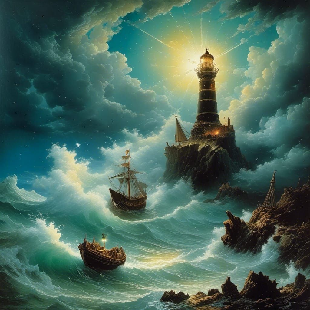 Stormy Seas: Lighthouse and Shipwreck in Folk Art Style
