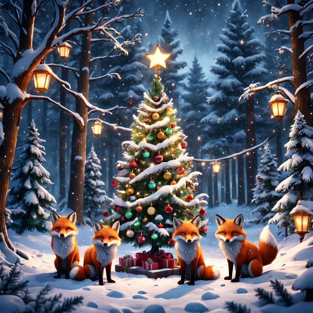 Surreal Winter Wonderland Scene with Adorable Fox Family and...