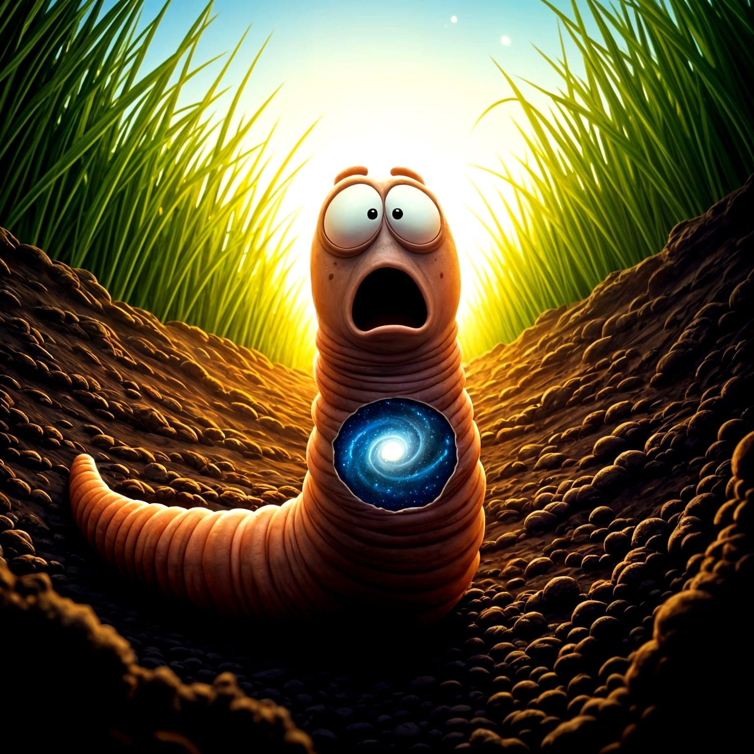 Astonished Earthworm Gazes Into Galaxy Belly Hole